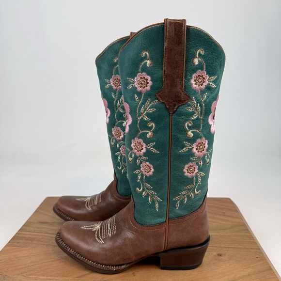 New Womens Tanner Mark Hand Tooled Floral Blunt Toe Western Cowboy Boots Sz 5 M - Picture 2 of 8